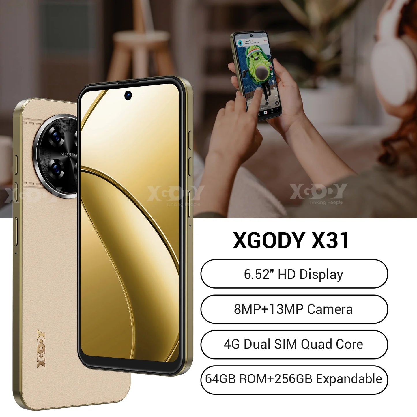 XGODY Smartphone 4G avec écran HD de 6,5 pouces, ROM 3 + 64 Go, 4250 mAh, 13 MP, téléphones mobiles Quad Core double SIM, visage débloqué