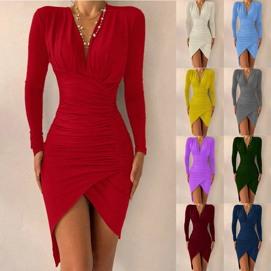 Spring Bodycon Midi Dress for Women Autumn Long Sleeve Ruched Slim Fit Evening Dress Female Irregular Party Pencil Dress Vestido