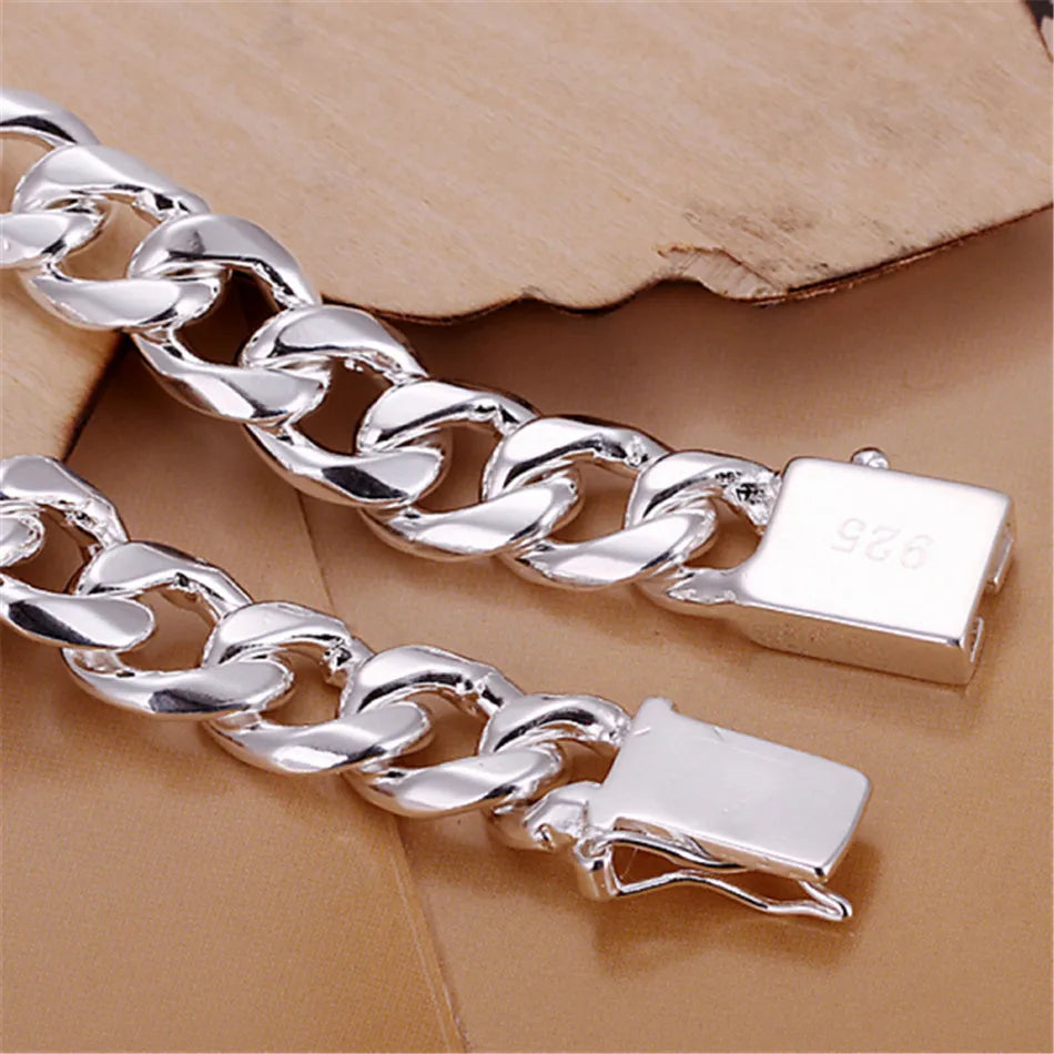 New High-end Women's Mens Fine S925 Sterling Silver Bracelet Fashion Jewelry Gift Men's 10MM Square Beautiful Gem