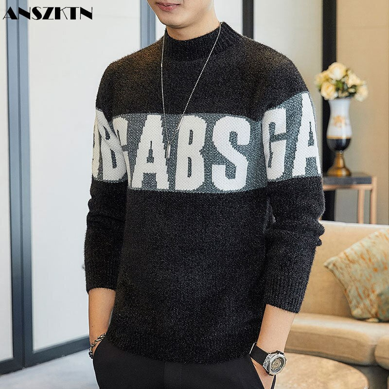 ANSZKTN Men's autumnn winter half high collar long sleeve knit bottom thickened thread  anime sweater pull homme pullover