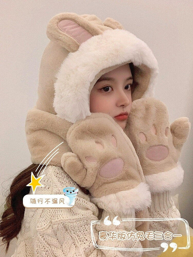 Rabbit Ear Hat, Scarf, Glove, One Piece Women's Winter Three Piece Set, Korean Version Cute Plush Warm Ear Protection Neck