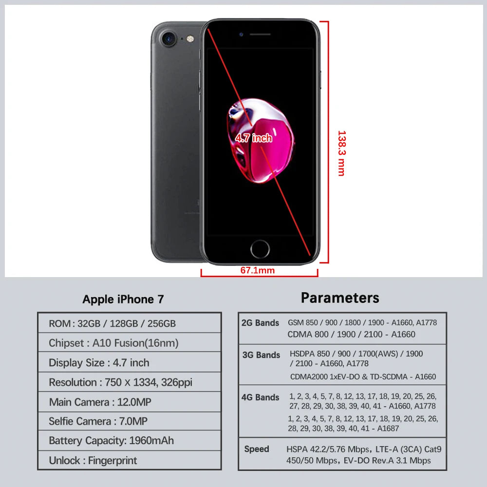 Apple-Téléphone portable iPhone 7Plus, 32 Go, 128 Go, 256 Go, Dean, 4.7 ", 5.5", IPS, LCD, 12MP, 4G Permanence, Façades, Core IOS, Original