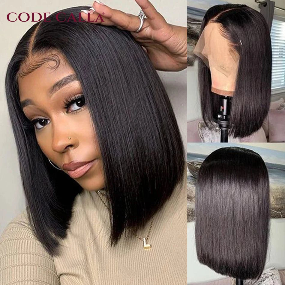 Short bob wig, 4x4 lace closure, human hair, pre-plucked, women's Remy Brazilian straight bob wig, middle part, HD lace wig