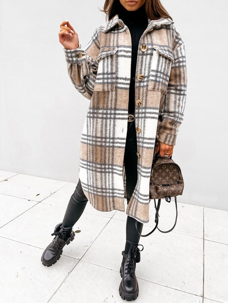 Women Winter Woolen Coats Female Plaid Print Retro Warm Thick Long Jacket Outercoats Korean Style Outwear Manteau Femme Hiver