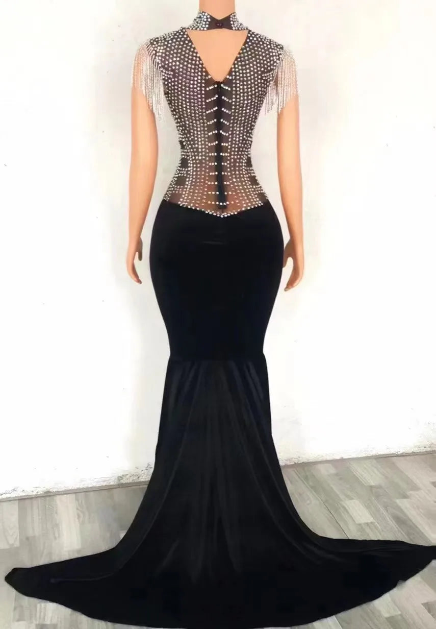 Silver Rhinestone Chain Fringes Black Velvet Long Train Dress Birthday Celebrate Costume Women Dancer Evening Party Dress