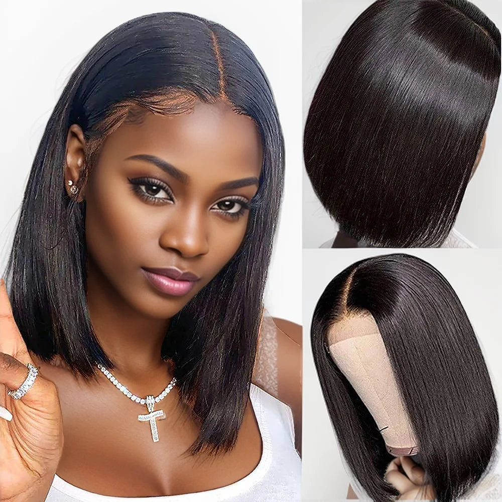 Short 4x4 Closure Wig Bob Style Brazilian Hair Burmese Hair Straight Wig 150% Density Comfortable With Bleached Knots Women's