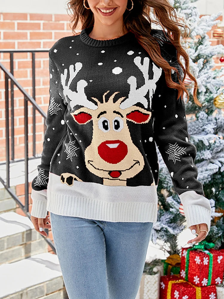 Christmas Sweater Women Vintage Cartoon Print Knitted Pullover Autumn Winter Long Sleeve Warm Thicken Knitwear Casual Jumpers