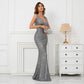 YIDINGZS Women Deep V Neck Grey Sequin Evening Dress Sexy Party Maxi Dress