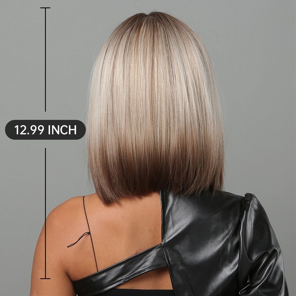 Short Straight Synthetic Wigs for Women Blonde to Brown Ombre Bob Wigs with Bangs Daily Cosplay Party Heat Resistant Fake Hair