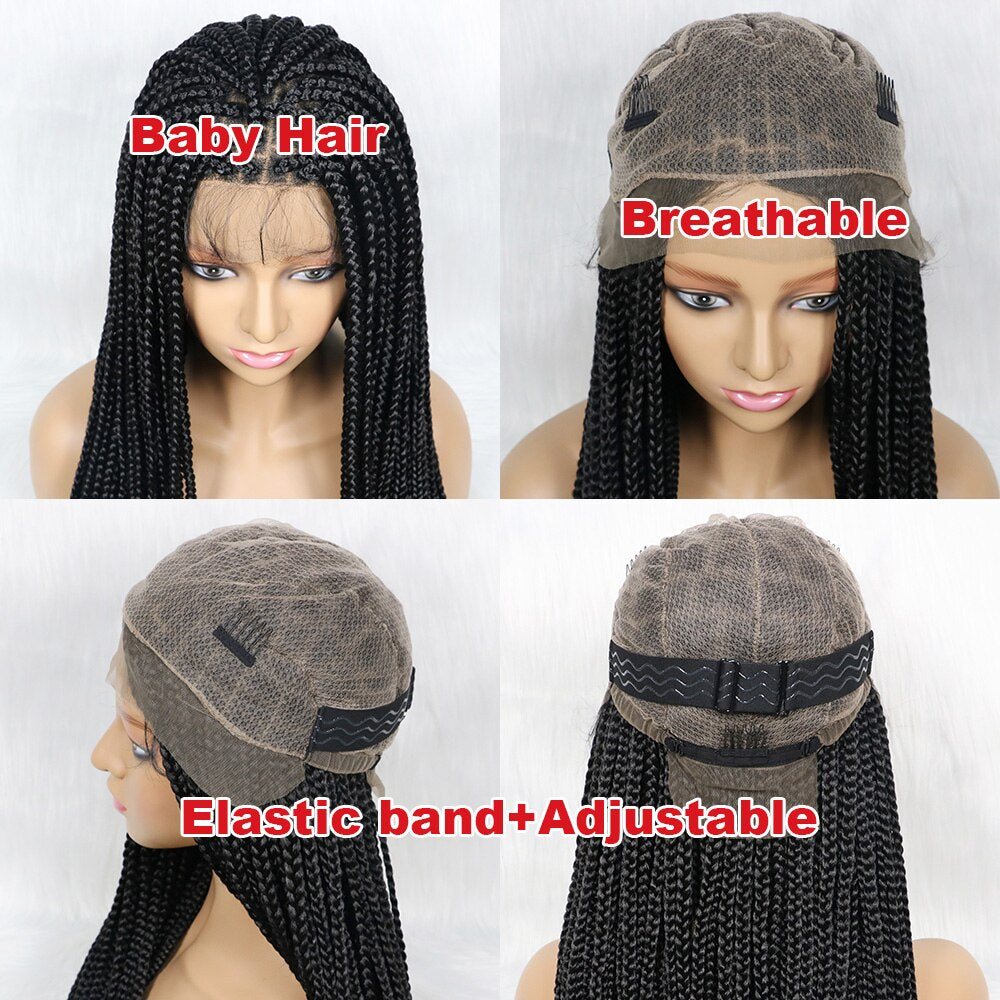 African American Synthetic Braid Wigs With Baby Hair Full Lace Frontal 36 Inches Black Knotless Box Braids Wig For Black Women