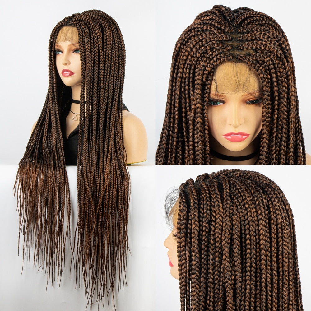 African American Synthetic Braid Wigs With Baby Hair Full Lace Frontal 36 Inches Black Knotless Box Braids Wig For Black Women