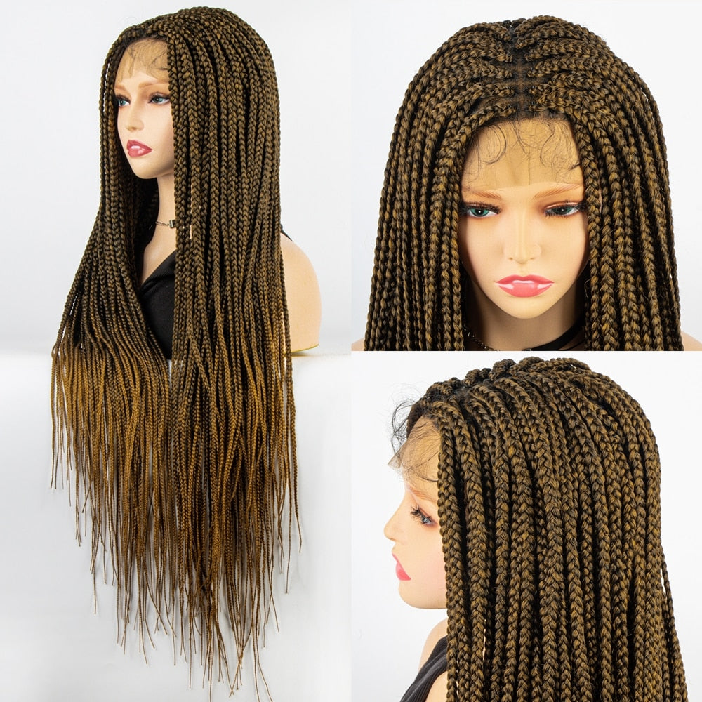 African American Synthetic Braid Wigs With Baby Hair Full Lace Frontal 36 Inches Black Knotless Box Braids Wig For Black Women