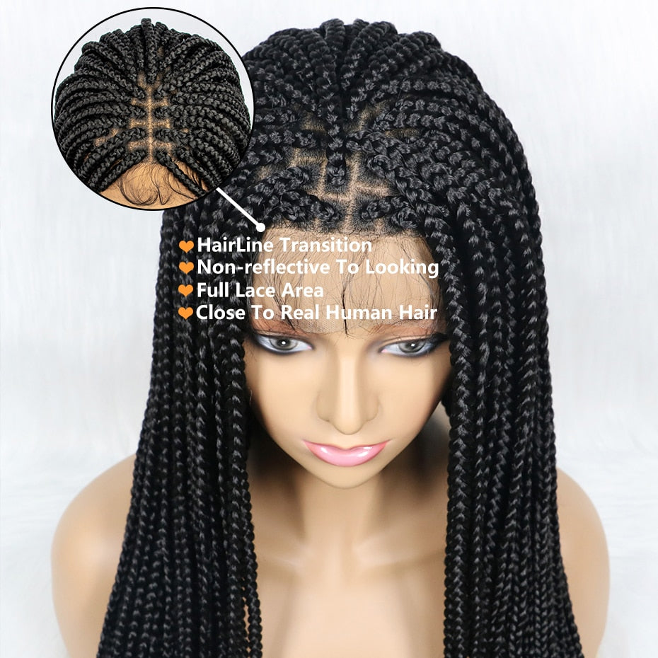 African American Synthetic Braid Wigs With Baby Hair Full Lace Frontal 36 Inches Black Knotless Box Braids Wig For Black Women