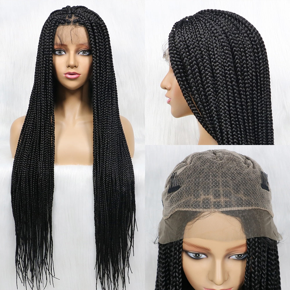 African American Synthetic Braid Wigs With Baby Hair Full Lace Frontal 36 Inches Black Knotless Box Braids Wig For Black Women