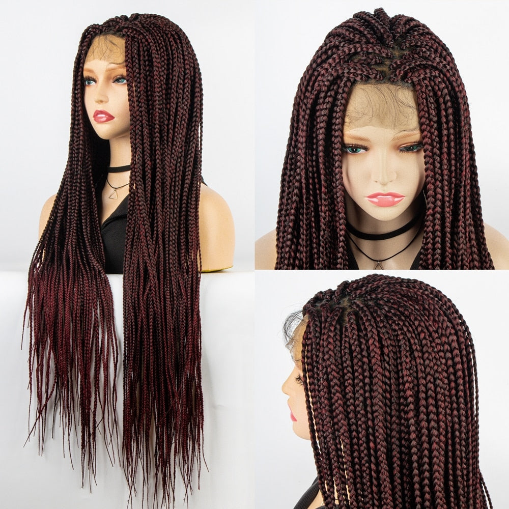 African American Synthetic Braid Wigs With Baby Hair Full Lace Frontal 36 Inches Black Knotless Box Braids Wig For Black Women