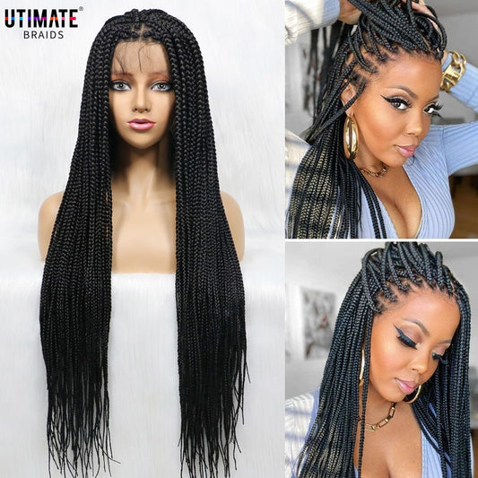 African American Synthetic Braid Wigs With Baby Hair Full Lace Frontal 36 Inches Black Knotless Box Braids Wig For Black Women