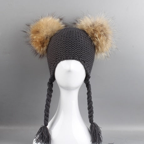 New Autumn Winter Baby Kids Beanie 15 CM Real Fur Pompom Hat For Children Warm Wool Knitted Earflap Cap