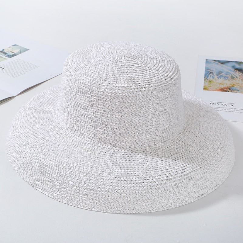 HT2303 2023 New Summer Sun Hats Ladies Solid Plain Elegant Wide Brim Hat Female Round Top Panama Floppy Straw Beach Hat Women