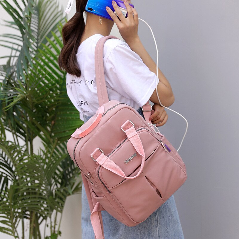 Top-Handle USB Charging Women Backpack Large Capacity Casual Travel Rucksack Preppy Student School Bag 14 inch Laptop Backpack