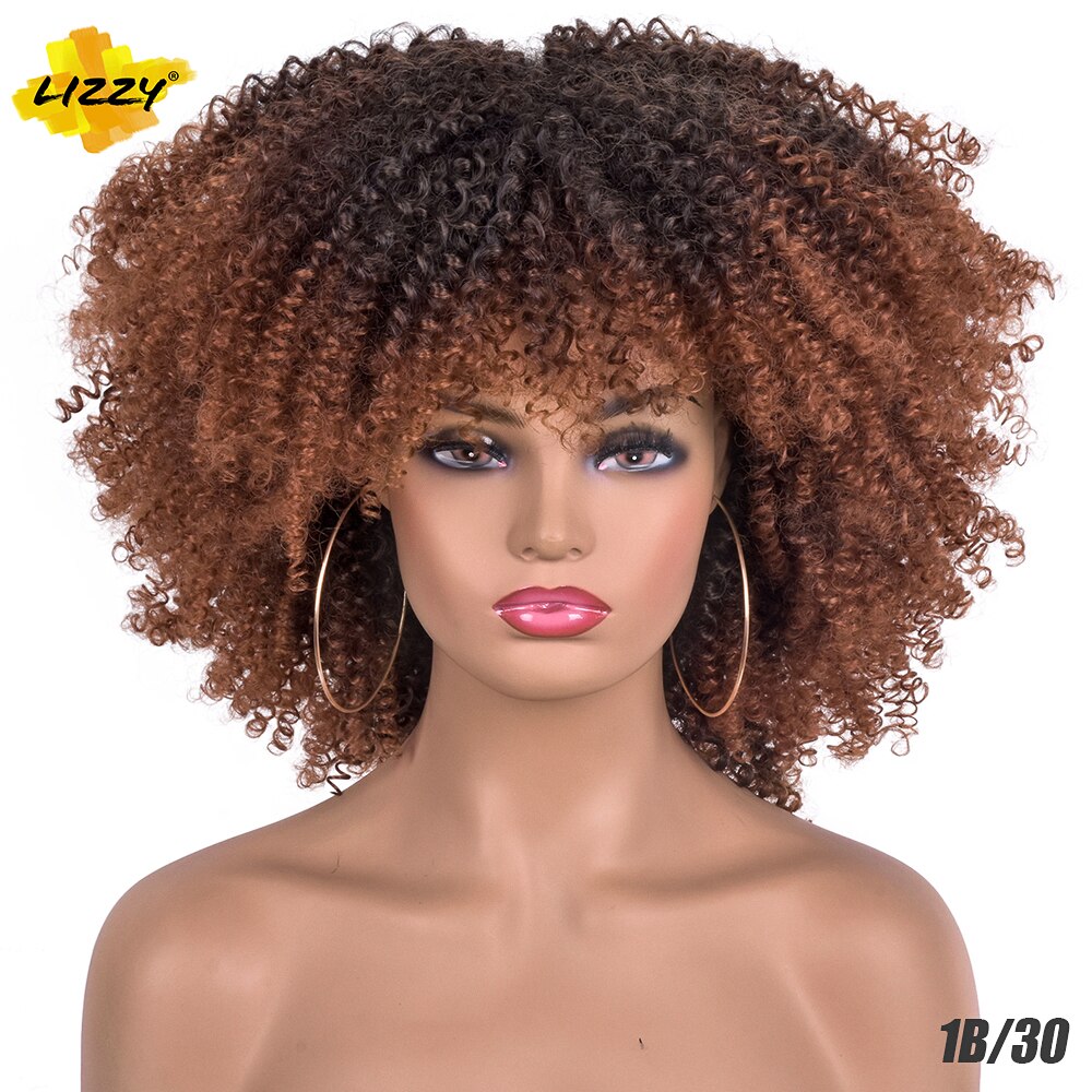 Short Afro Kinky Curly Wigs With Bangs For Black Women Blonde Mixed Brown Synthetic Cosplay African Wigs Heat Resistant Lizzy