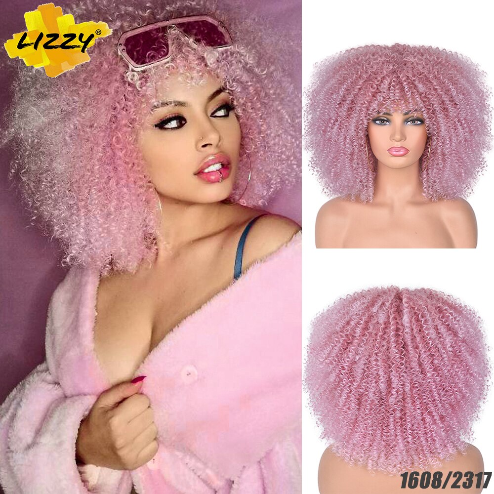 Short Afro Kinky Curly Wigs With Bangs For Black Women Blonde Mixed Brown Synthetic Cosplay African Wigs Heat Resistant Lizzy