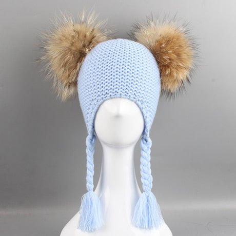 New Autumn Winter Baby Kids Beanie 15 CM Real Fur Pompom Hat For Children Warm Wool Knitted Earflap Cap