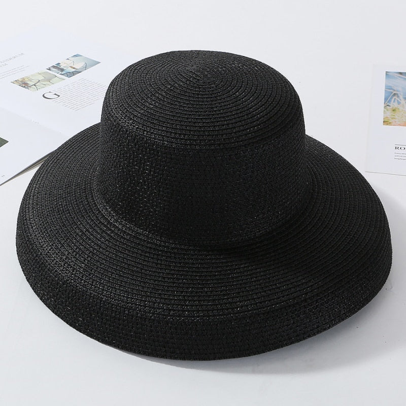 HT2303 2023 New Summer Sun Hats Ladies Solid Plain Elegant Wide Brim Hat Female Round Top Panama Floppy Straw Beach Hat Women