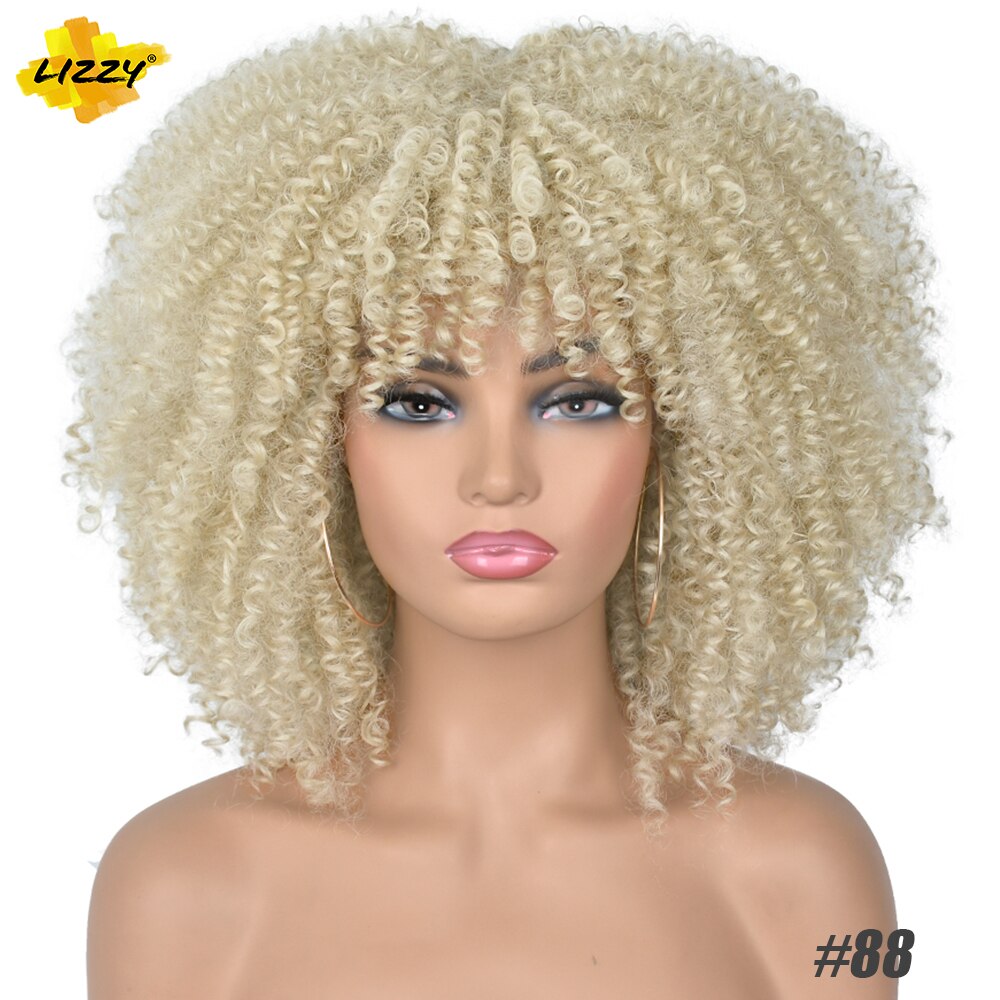 Short Afro Kinky Curly Wigs With Bangs For Black Women Blonde Mixed Brown Synthetic Cosplay African Wigs Heat Resistant Lizzy