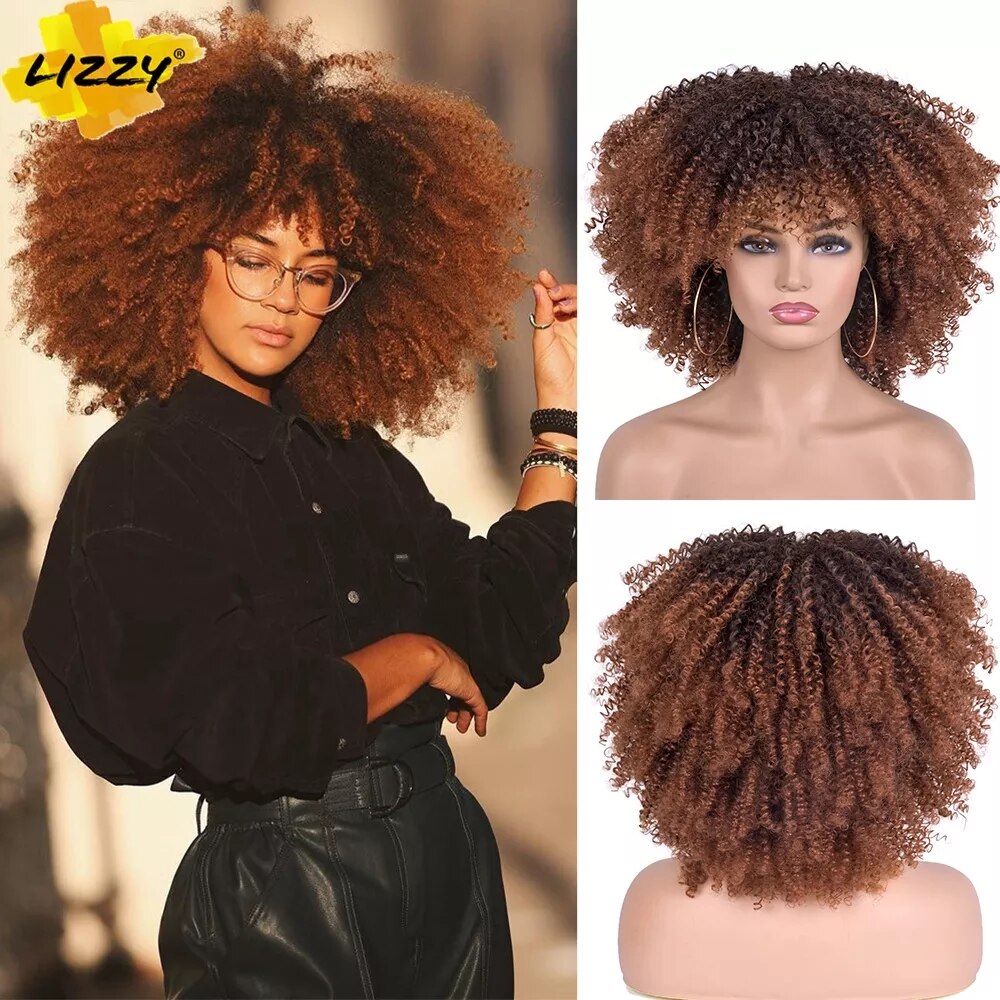 Short Afro Kinky Curly Wigs With Bangs For Black Women Blonde Mixed Brown Synthetic Cosplay African Wigs Heat Resistant Lizzy