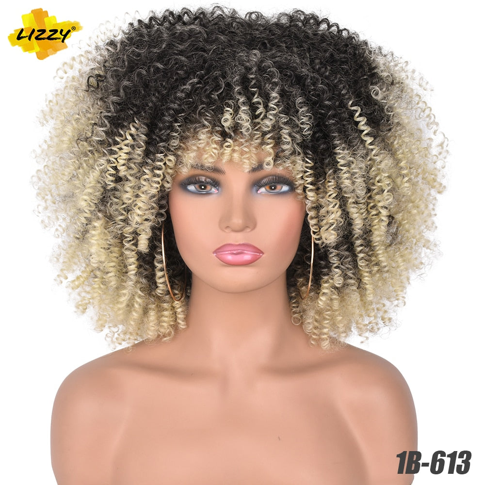 Short Afro Kinky Curly Wigs With Bangs For Black Women Blonde Mixed Brown Synthetic Cosplay African Wigs Heat Resistant Lizzy