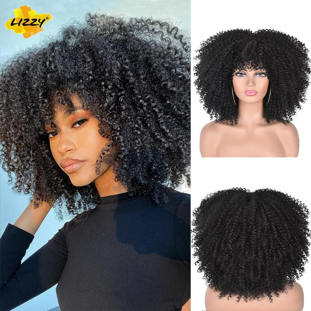 Short Afro Kinky Curly Wigs With Bangs For Black Women Blonde Mixed Brown Synthetic Cosplay African Wigs Heat Resistant Lizzy