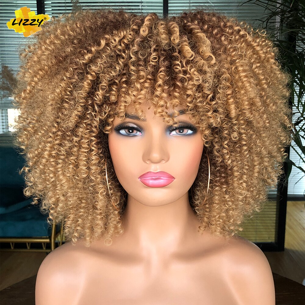 Short Afro Kinky Curly Wigs With Bangs For Black Women Blonde Mixed Brown Synthetic Cosplay African Wigs Heat Resistant Lizzy