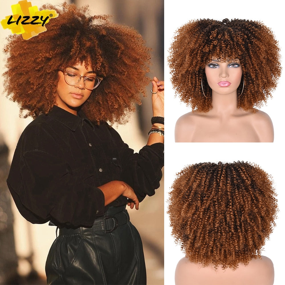 LIZZY Short Afro Kinky Curly Wigs With Bangs For Black Women African Synthetic Ombre Brown Cosplay Wig High Temperature Glueless