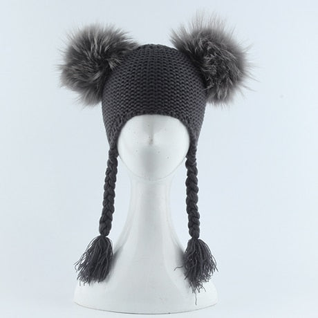 New Autumn Winter Baby Kids Beanie 15 CM Real Fur Pompom Hat For Children Warm Wool Knitted Earflap Cap