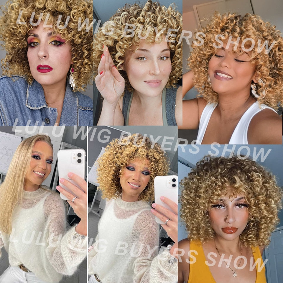 Short Curly Blonde Wig For Black Women Afro Kinky Curly Wig With Bangs Synthetic Natural Glueless Ombre Brown Blonde Cosplay Wig