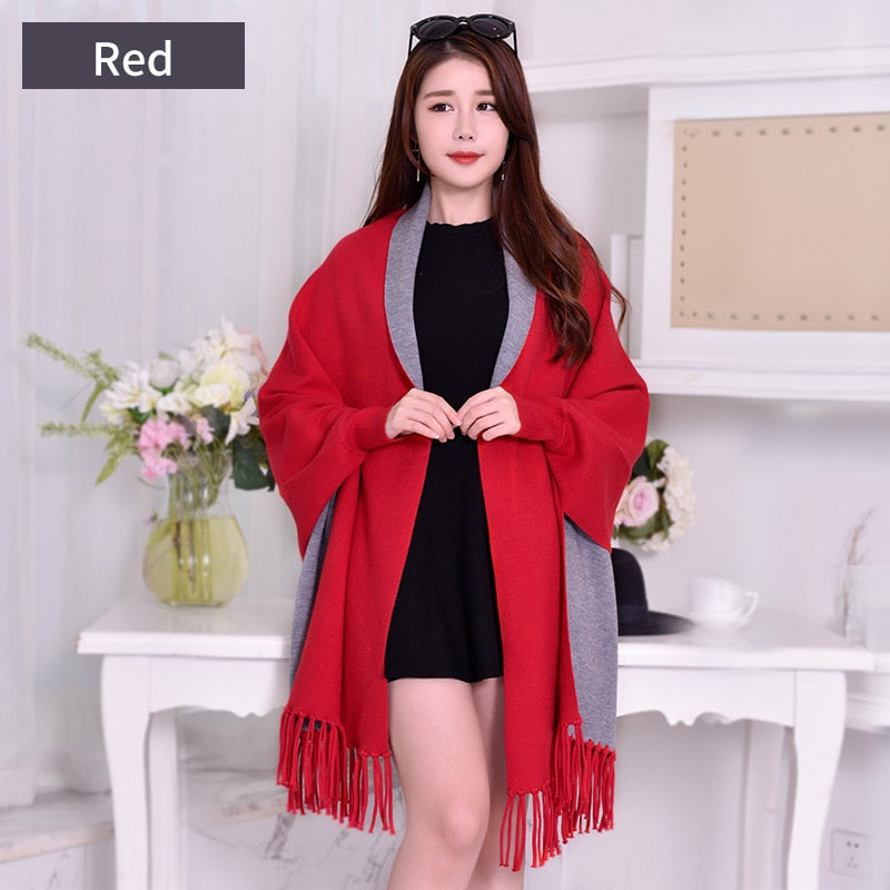 Women Winter Poncho with Sleeve Shawls and Wraps Pashmina Red Thicken Scarf Stoles Femme Hiver Warm Reversible Ponchos and Capes