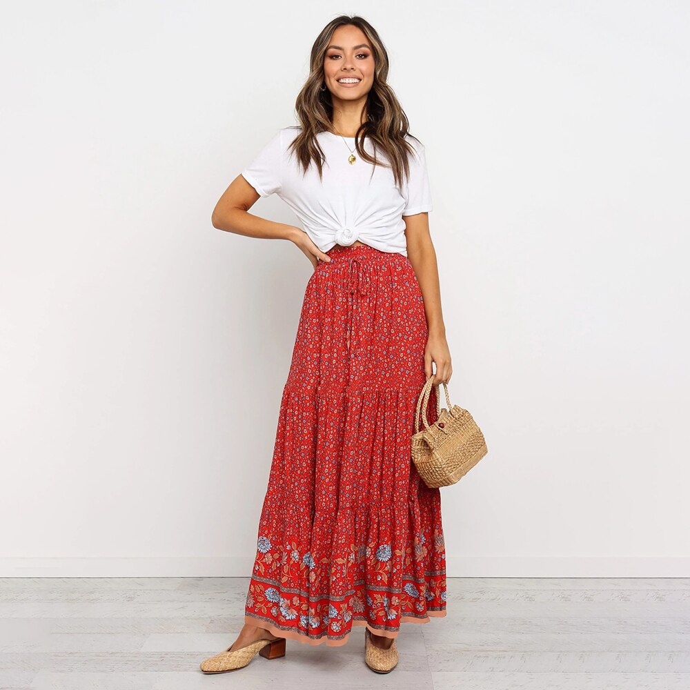 High Waist Long Skirts Womens Boho A-line Full Skirt Floral Print Drawstring Lace-Up Maxi Clothes White 2022 Summer Red Bohemian