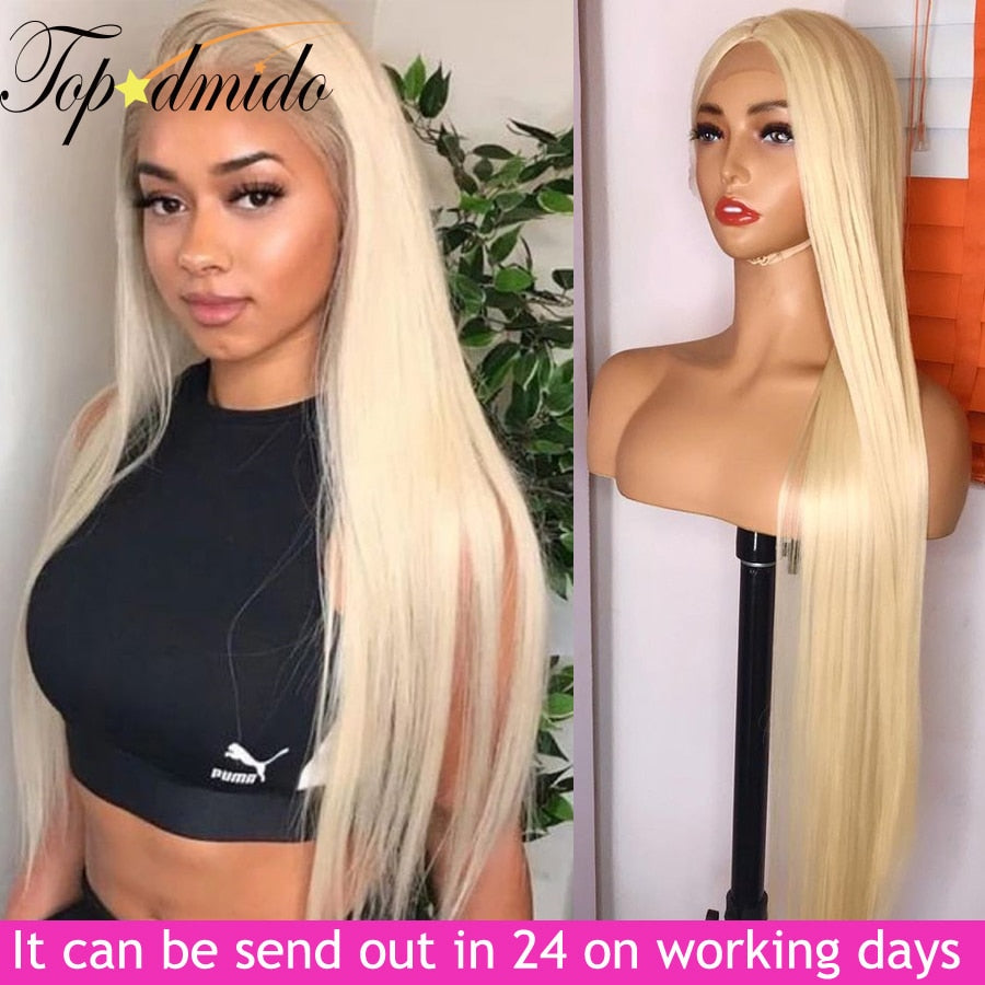 Topodmido Blonde Color 13x4 Lace Front Wigs Baby Hair 24inch Brazilian Straight Remy Human Hair Wigs for Women 613 Color Wigs