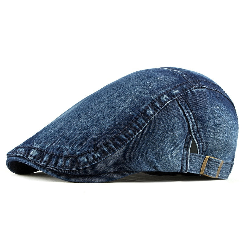 Wuaumx Simple Washed Denim Berets Hat Men Women Spring Summer Peaked Flat Cap Artist Duckbill Hat Casual Herringbone Newsboy Cap