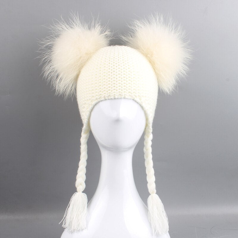 New Autumn Winter Baby Kids Beanie 15 CM Real Fur Pompom Hat For Children Warm Wool Knitted Earflap Cap