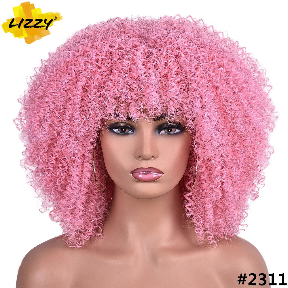 Short Afro Kinky Curly Wigs With Bangs For Black Women Blonde Mixed Brown Synthetic Cosplay African Wigs Heat Resistant Lizzy