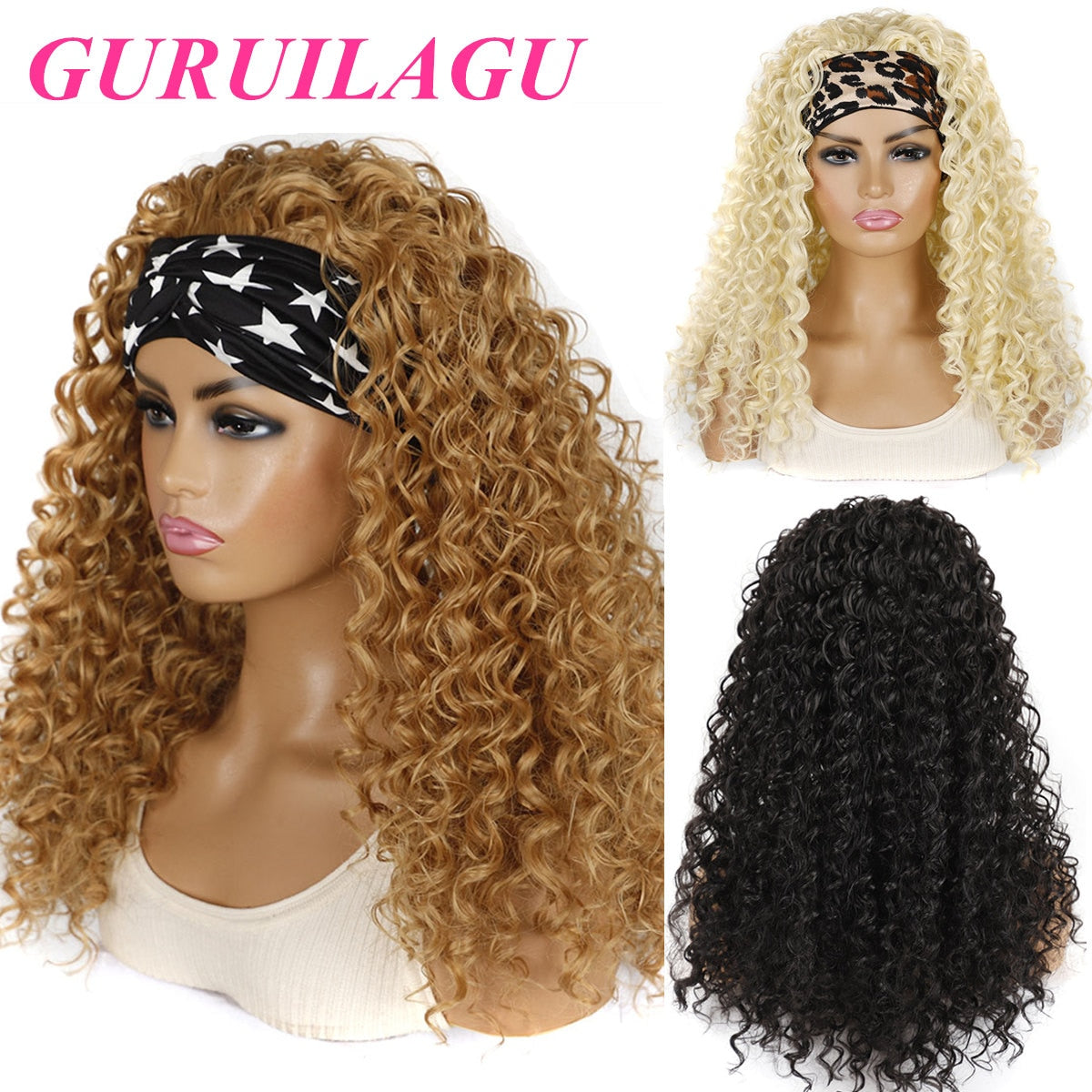 GURUILAGU Deep Wave Headband Wig Heat Resistant Fiber Synthetic Wig Black/613/4/27/99J Blonde Wig Synthetic Hair Wigs For Women