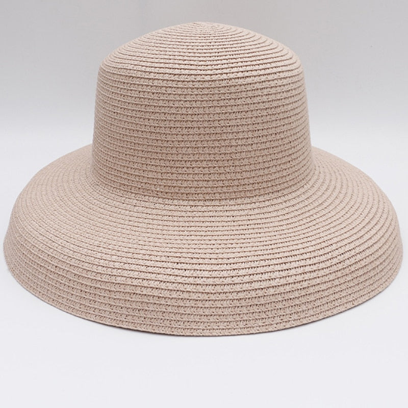 HT2303 2023 New Summer Sun Hats Ladies Solid Plain Elegant Wide Brim Hat Female Round Top Panama Floppy Straw Beach Hat Women