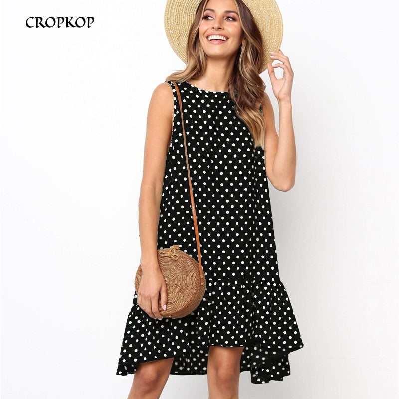 Women Summer Dress Ruffles Polka Dot Sleeveless Mini Dresses Plus Size Casual Loose Black Beach Sundress 2022 Women Clothes