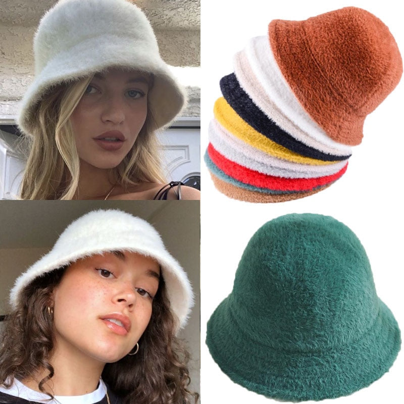 Fashion Winter Hat for Women Fur Bucket Warm Caps Dome Panama Black White Vintage Fisherman bucket Hats шапка женская