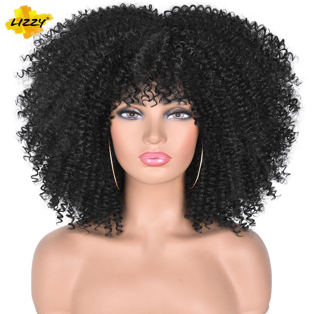 Short Afro Kinky Curly Wigs With Bangs For Black Women Blonde Mixed Brown Synthetic Cosplay African Wigs Heat Resistant Lizzy