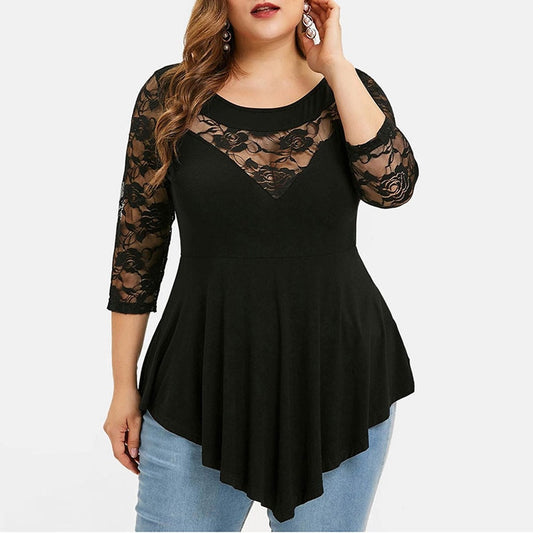 Plus Size 5XL Floral Lace Hollow Out Sexy Tunic Blouse Shirt Women Spring Autumn Big Size Tops Ruffles Irregular Blusas