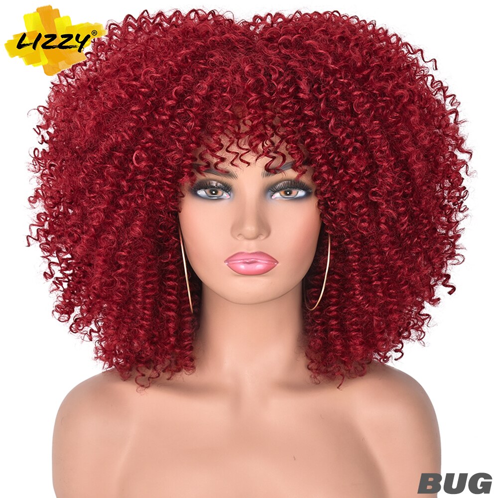 Short Afro Kinky Curly Wigs With Bangs For Black Women Blonde Mixed Brown Synthetic Cosplay African Wigs Heat Resistant Lizzy