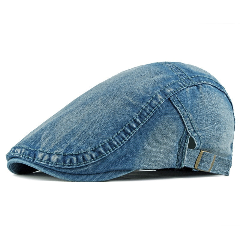 Wuaumx Simple Washed Denim Berets Hat Men Women Spring Summer Peaked Flat Cap Artist Duckbill Hat Casual Herringbone Newsboy Cap