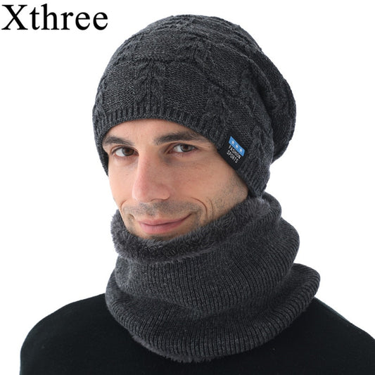 Xthree Men&#39;s Beanies Winter Skullies Knitted Hat Scarf  With Lining Wool Male Gorras Bonnet Winter Hats For Men Beanies Hats